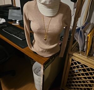 Elegant Ribbed Cowl Neck Sweater - Beige
